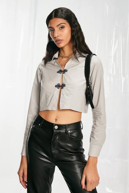 Pocketful Of Cherrie Grey Satin, Cotton Embroidery Collared Hand Spread Shirt Online at Aza Fashions Pocketful Of Cherrie_Grey Satin, Cotton Embroidery Collared Hand Spread Shirt_Online_at_Aza_Fashions