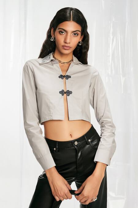 Buy Pocketful Of Cherrie Grey Satin, Cotton Embroidery Collared Hand Spread Shirt Online at Aza Fashions Buy_Pocketful Of Cherrie_Grey Satin, Cotton Embroidery Collared Hand Spread Shirt_Online_at_Aza_Fashions