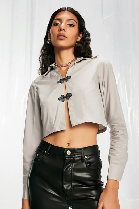 Shop Pocketful Of Cherrie Grey Satin, Cotton Embroidery Collared Hand Spread Shirt Online at Aza Fashions Shop_Pocketful Of Cherrie_Grey Satin, Cotton Embroidery Collared Hand Spread Shirt_Online_at_Aza_Fashions