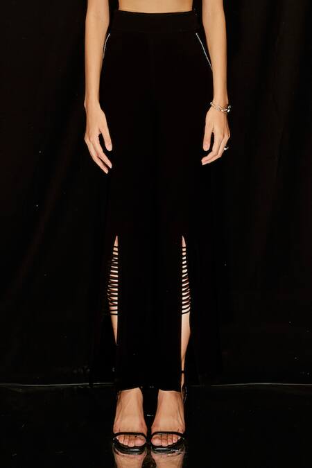 Buy_Pocketful Of Cherrie_Black Crepe Front Slit Flared Pant_Online_at_Aza_Fashions