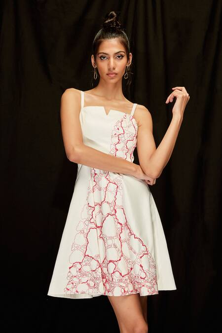 Buy_Pocketful Of Cherrie_Ivory Satin, Twill Embroidery Square Neck Short Dress_Online_at_Aza_Fashions