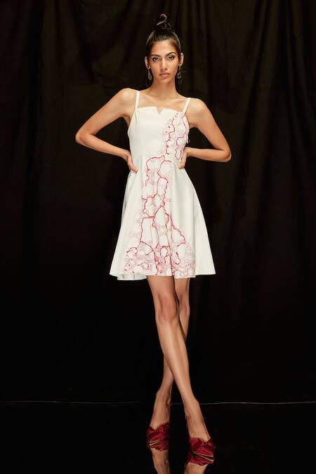Shop_Pocketful Of Cherrie_Ivory Satin, Twill Embroidery Square Neck Short Dress_Online_at_Aza_Fashions