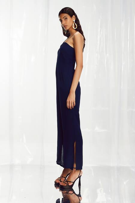 Pocketful Of Cherrie Blue Georgette Asymmetric One Shoulder Jumpsuit Online at Aza Fashions Pocketful Of Cherrie_Blue Georgette Asymmetric One Shoulder Jumpsuit_Online_at_Aza_Fashions