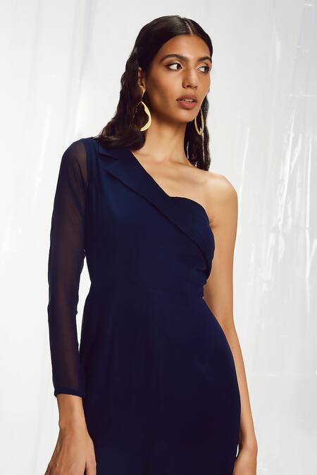 Buy Pocketful Of Cherrie Blue Georgette Asymmetric One Shoulder Jumpsuit Online at Aza Fashions Buy_Pocketful Of Cherrie_Blue Georgette Asymmetric One Shoulder Jumpsuit_Online_at_Aza_Fashions