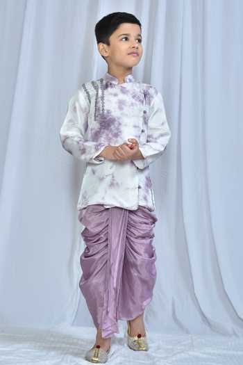 Banana Bee_White Kurta Bomb Dola Silk Shaded Angarakha With Dhoti Pant_Online_at_Aza_Fashions
