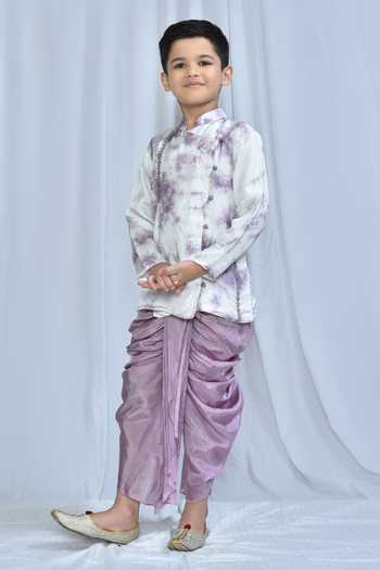 Shop_Banana Bee_White Kurta Bomb Dola Silk Shaded Angarakha With Dhoti Pant_Online_at_Aza_Fashions