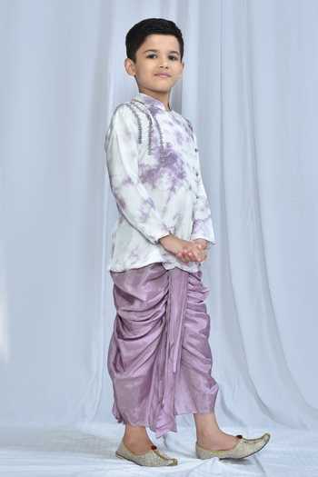 Banana Bee_White Kurta Bomb Dola Silk Shaded Angarakha With Dhoti Pant_at_Aza_Fashions