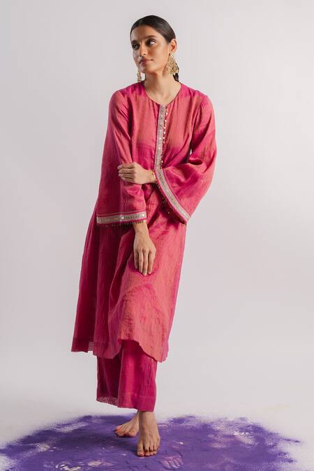 Tussah By Siddhi Shah_Pink Tissue Hand Embroidered Sequins Placket A-line Kurta And Pant Set  _Online_at_Aza_Fashions