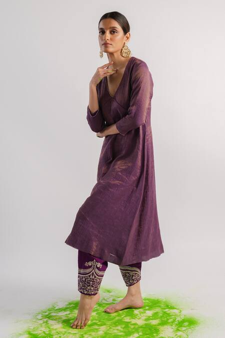 Tussah By Siddhi Shah_Purple Kurta  Tissue Hand Embroidered Sequins V A-line And Salwar Set  _Online_at_Aza_Fashions