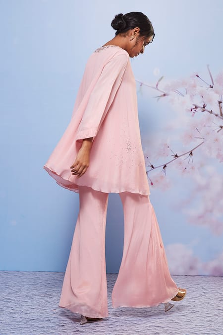 Shop_Ajiesh Oberoi_Pink Chiffon Embroidery V-neck Aleena Tunic And Flared Pant Set _at_Aza_Fashions