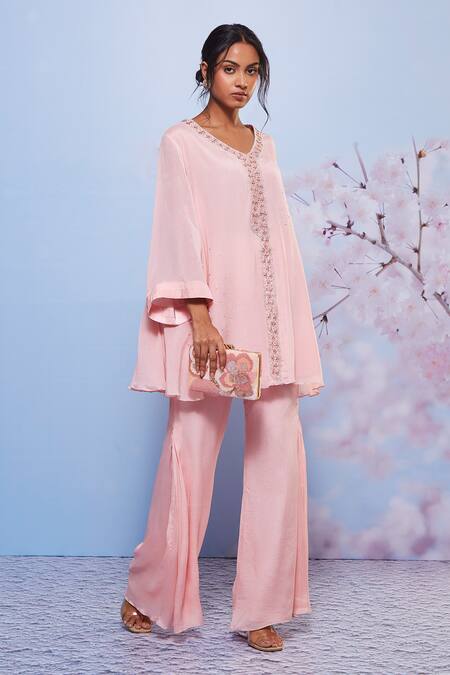 Ajiesh Oberoi_Pink Chiffon Embroidery V-neck Aleena Tunic And Flared Pant Set _Online_at_Aza_Fashions