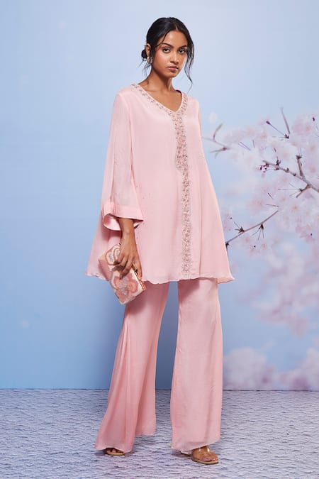 Buy_Ajiesh Oberoi_Pink Chiffon Embroidery V-neck Aleena Tunic And Flared Pant Set _Online_at_Aza_Fashions