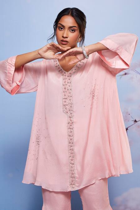 Shop_Ajiesh Oberoi_Pink Chiffon Embroidery V-neck Aleena Tunic And Flared Pant Set _Online_at_Aza_Fashions