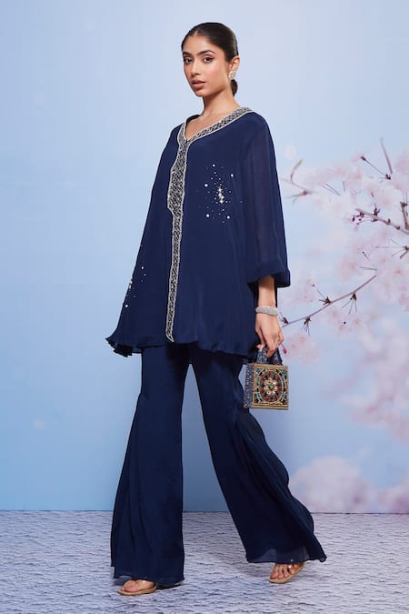 Ajiesh Oberoi_Blue Chiffon Embroidery V-neck Aleena A-line Tunic And Flared Pant Set _Online_at_Aza_Fashions