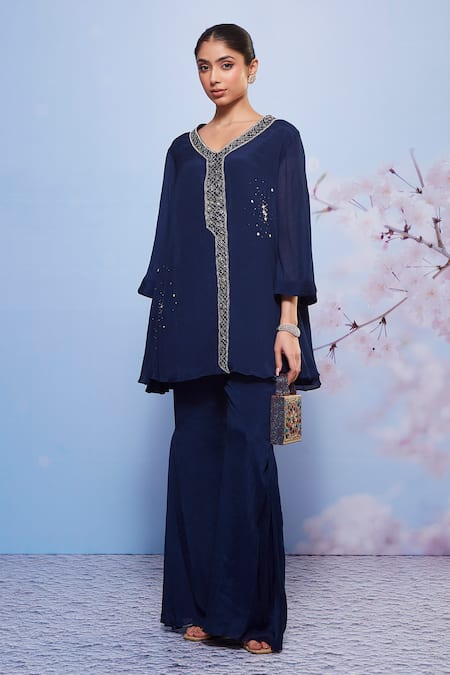 Buy_Ajiesh Oberoi_Blue Chiffon Embroidery V-neck Aleena A-line Tunic And Flared Pant Set _Online_at_Aza_Fashions