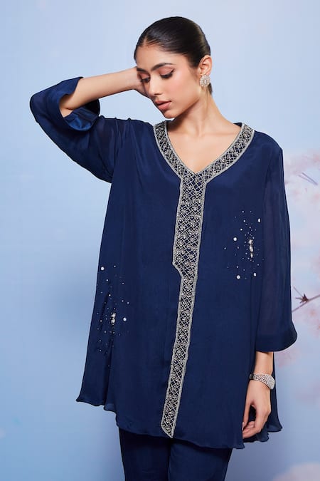 Shop_Ajiesh Oberoi_Blue Chiffon Embroidery V-neck Aleena A-line Tunic And Flared Pant Set _Online_at_Aza_Fashions
