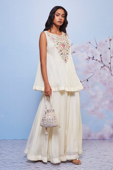 Ajiesh Oberoi Ivory Chiffon, Cotton, Lycra Embroidery, Gota Babli Floral Kurta And Sharara Set Online at Aza Fashions Ajiesh Oberoi_Ivory Chiffon, Cotton, Lycra Embroidery, Gota Babli Floral Kurta And Sharara Set _Online_at_Aza_Fashions