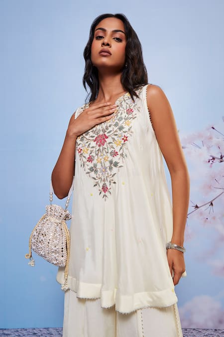 Shop Ajiesh Oberoi Ivory Chiffon, Cotton, Lycra Embroidery, Gota Babli Floral Kurta And Sharara Set Online at Aza Fashions Shop_Ajiesh Oberoi_Ivory Chiffon, Cotton, Lycra Embroidery, Gota Babli Floral Kurta And Sharara Set _Online_at_Aza_Fashions