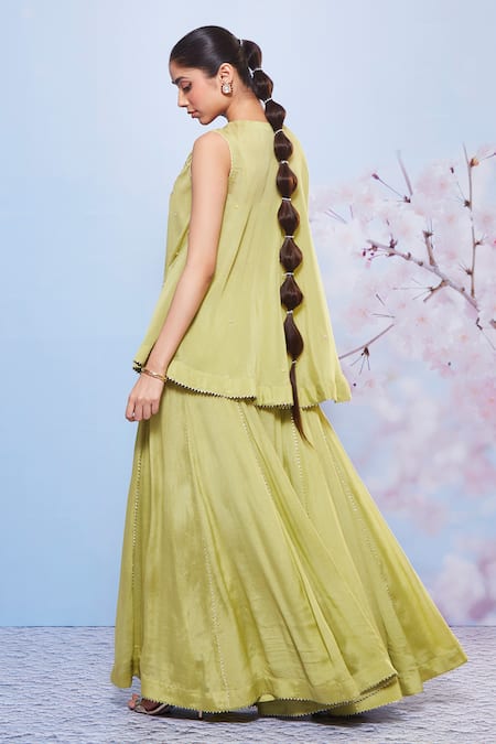 Shop_Ajiesh Oberoi_Green Chiffon, Cotton, Lycra Embroidery, Gota Patti Round Floral Mint Kurta Set _at_Aza_Fashions