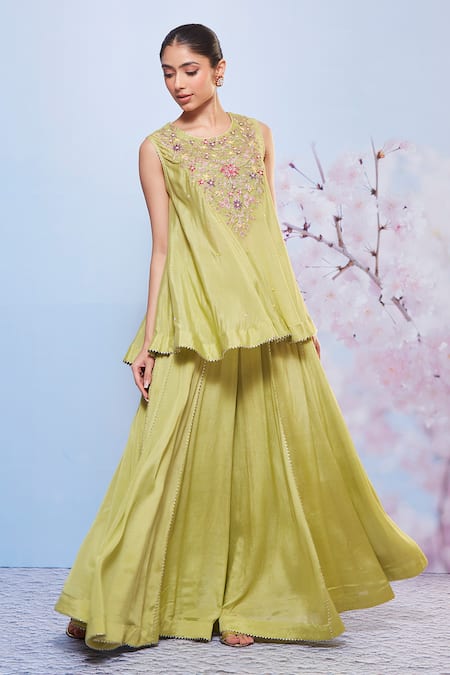 Ajiesh Oberoi_Green Chiffon, Cotton, Lycra Embroidery, Gota Patti Round Floral Mint Kurta Set _Online_at_Aza_Fashions