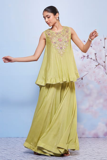 Buy_Ajiesh Oberoi_Green Chiffon, Cotton, Lycra Embroidery, Gota Patti Round Floral Mint Kurta Set _Online_at_Aza_Fashions