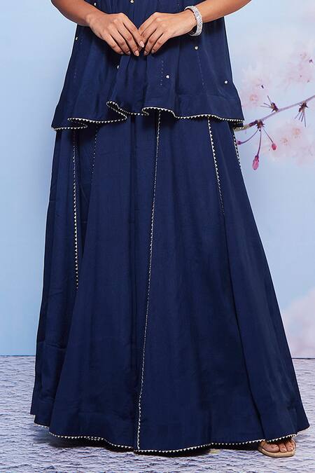 Ajiesh Oberoi_Blue Chiffon, Cotton, Lycra Embroidery, Gota Babli Flower Kurta And Sharara Set _Online_at_Aza_Fashions