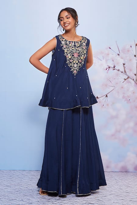 Buy_Ajiesh Oberoi_Blue Chiffon, Cotton, Lycra Embroidery, Gota Babli Flower Kurta And Sharara Set _Online_at_Aza_Fashions