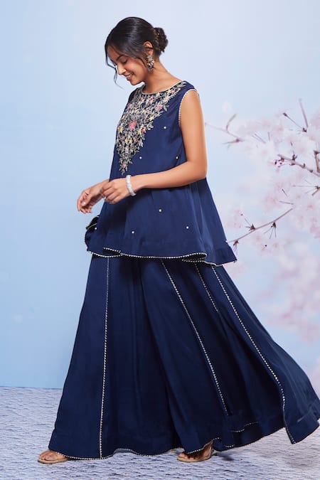 Shop_Ajiesh Oberoi_Blue Chiffon, Cotton, Lycra Embroidery, Gota Babli Flower Kurta And Sharara Set _Online_at_Aza_Fashions