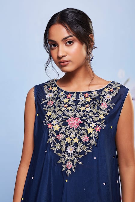 Ajiesh Oberoi_Blue Chiffon, Cotton, Lycra Embroidery, Gota Babli Flower Kurta And Sharara Set _at_Aza_Fashions