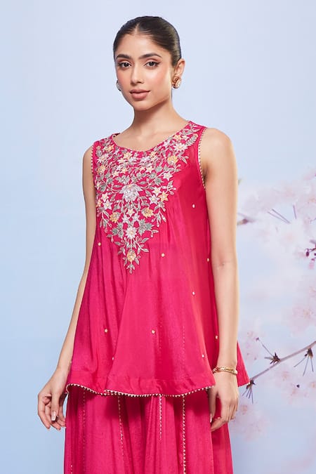 Shop_Ajiesh Oberoi_Pink Chiffon, Cotton, Lycra Embroidery, Gota Babli Floret Kurta And Sharara Set _at_Aza_Fashions