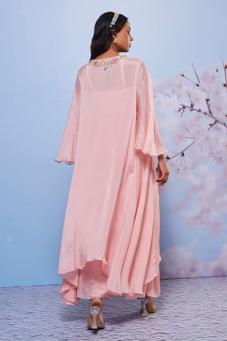 Shop_Ajiesh Oberoi_Pink Chiffon, Cotton, Lycra Embroidery V-neck Chakori Kurta And Palazzo Set _at_Aza_Fashions