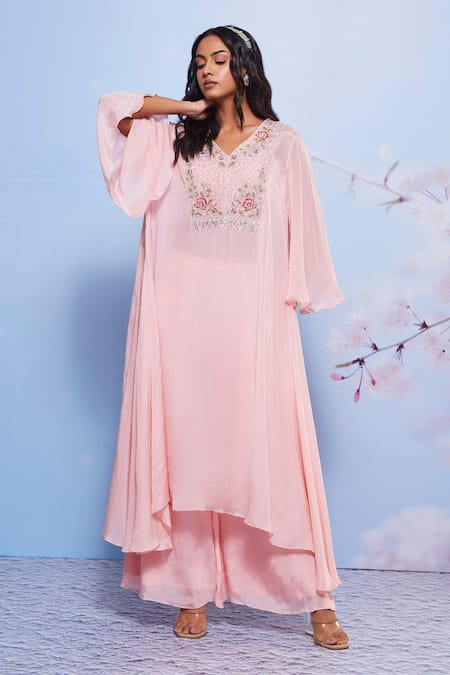 Ajiesh Oberoi_Pink Chiffon, Cotton, Lycra Embroidery V-neck Chakori Kurta And Palazzo Set _Online_at_Aza_Fashions