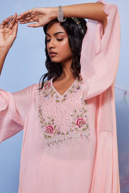 Buy_Ajiesh Oberoi_Pink Chiffon, Cotton, Lycra Embroidery V-neck Chakori Kurta And Palazzo Set _Online_at_Aza_Fashions