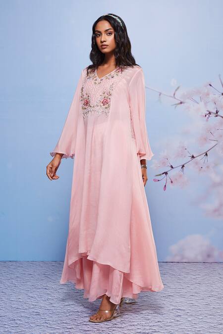 Shop_Ajiesh Oberoi_Pink Chiffon, Cotton, Lycra Embroidery V-neck Chakori Kurta And Palazzo Set _Online_at_Aza_Fashions