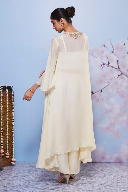 Shop Ajiesh Oberoi Ivory Chiffon, Cotton, Lycra Embroidery Chakori Floral Kurta And Palazzo Set at Aza Fashions Shop_Ajiesh Oberoi_Ivory Chiffon, Cotton, Lycra Embroidery Chakori Floral Kurta And Palazzo Set _at_Aza_Fashions