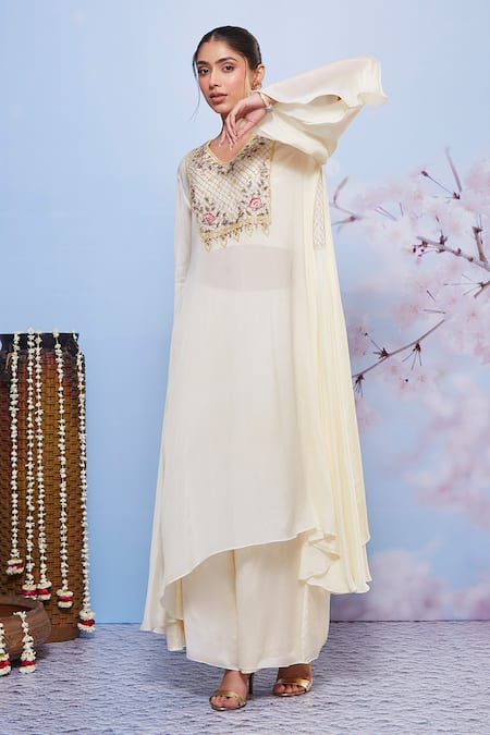 Ajiesh Oberoi Ivory Chiffon, Cotton, Lycra Embroidery Chakori Floral Kurta And Palazzo Set Online at Aza Fashions Ajiesh Oberoi_Ivory Chiffon, Cotton, Lycra Embroidery Chakori Floral Kurta And Palazzo Set _Online_at_Aza_Fashions