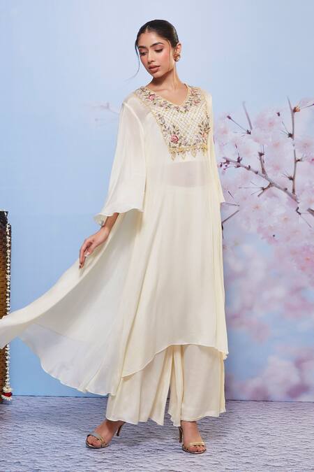 Buy Ajiesh Oberoi Ivory Chiffon, Cotton, Lycra Embroidery Chakori Floral Kurta And Palazzo Set Online at Aza Fashions Buy_Ajiesh Oberoi_Ivory Chiffon, Cotton, Lycra Embroidery Chakori Floral Kurta And Palazzo Set _Online_at_Aza_Fashions