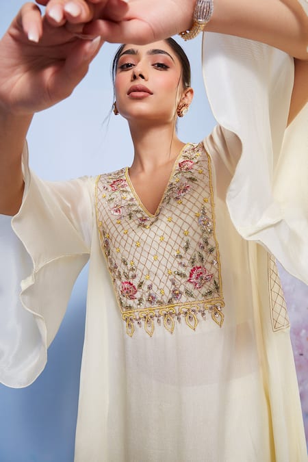 Shop Ajiesh Oberoi Ivory Chiffon, Cotton, Lycra Embroidery Chakori Floral Kurta And Palazzo Set Online at Aza Fashions Shop_Ajiesh Oberoi_Ivory Chiffon, Cotton, Lycra Embroidery Chakori Floral Kurta And Palazzo Set _Online_at_Aza_Fashions