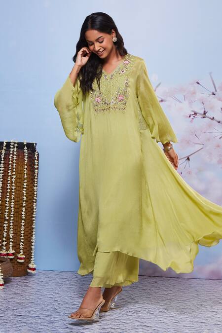 Ajiesh Oberoi_Green Chiffon, Cotton, Lycra Embroidery Chakori Asymmetric Kurta And Palazzo Set _Online_at_Aza_Fashions