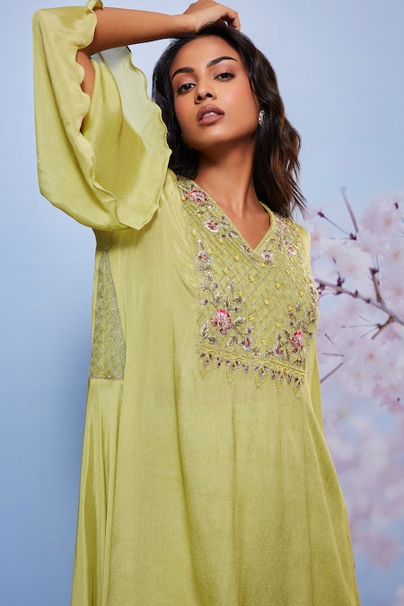 Shop_Ajiesh Oberoi_Green Chiffon, Cotton, Lycra Embroidery Chakori Asymmetric Kurta And Palazzo Set _Online_at_Aza_Fashions