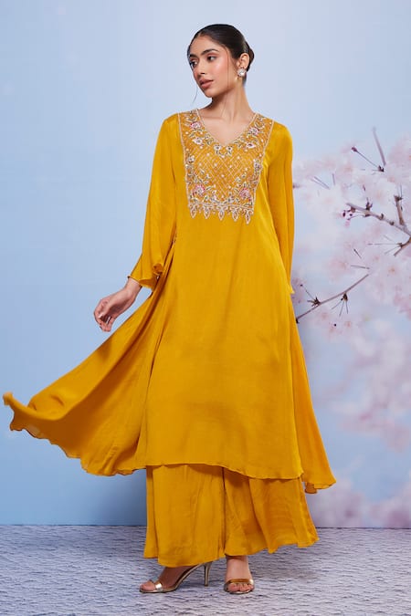 Ajiesh Oberoi Yellow Chiffon And Cotton Lycra Embroidered Chakori Long Kurta & Palazzo Set 