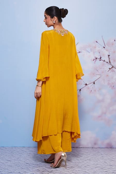 Shop Ajiesh Oberoi Yellow Chiffon, Cotton, Lycra Chakori Floral Long Kurta And Palazzo Set at Aza Fashions Shop_Ajiesh Oberoi_Yellow Chiffon, Cotton, Lycra Chakori Floral Long Kurta And Palazzo Set _at_Aza_Fashions