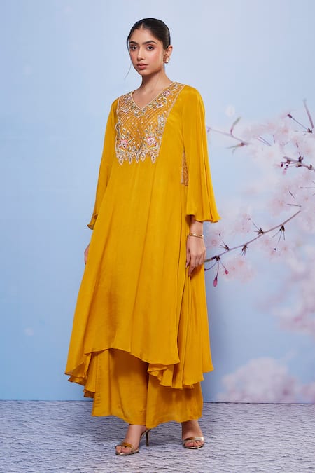 Ajiesh Oberoi Yellow Chiffon, Cotton, Lycra Chakori Floral Long Kurta And Palazzo Set Online at Aza Fashions Ajiesh Oberoi_Yellow Chiffon, Cotton, Lycra Chakori Floral Long Kurta And Palazzo Set _Online_at_Aza_Fashions