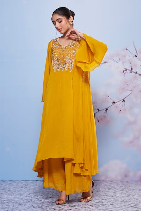 Buy Ajiesh Oberoi Yellow Chiffon, Cotton, Lycra Chakori Floral Long Kurta And Palazzo Set Online at Aza Fashions Buy_Ajiesh Oberoi_Yellow Chiffon, Cotton, Lycra Chakori Floral Long Kurta And Palazzo Set _Online_at_Aza_Fashions