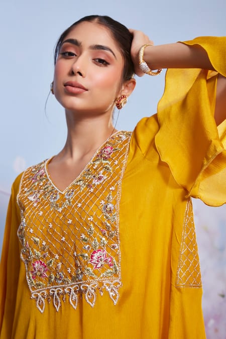 Shop Ajiesh Oberoi Yellow Chiffon, Cotton, Lycra Chakori Floral Long Kurta And Palazzo Set Online at Aza Fashions Shop_Ajiesh Oberoi_Yellow Chiffon, Cotton, Lycra Chakori Floral Long Kurta And Palazzo Set _Online_at_Aza_Fashions