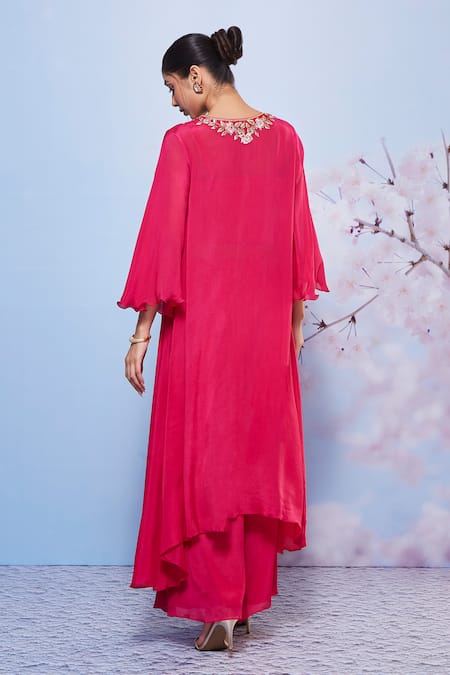 Shop_Ajiesh Oberoi_Pink Chiffon, Cotton, Lycra Embroidery V-neck Chakori Long Kurta And Palazzo Set _at_Aza_Fashions