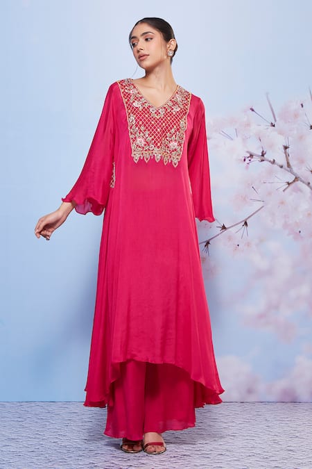 Ajiesh Oberoi_Pink Chiffon, Cotton, Lycra Embroidery V-neck Chakori Long Kurta And Palazzo Set _Online_at_Aza_Fashions
