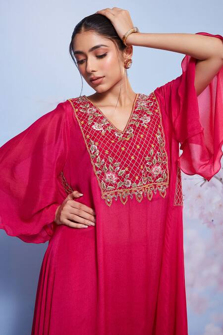 Buy_Ajiesh Oberoi_Pink Chiffon, Cotton, Lycra Embroidery V-neck Chakori Long Kurta And Palazzo Set _Online_at_Aza_Fashions