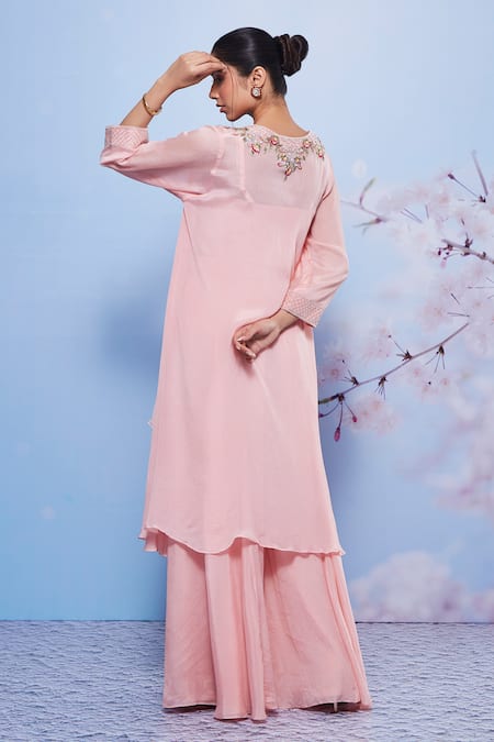 Shop Ajiesh Oberoi Pink Chiffon, Cotton, Lycra Embroidery V-neck Asymmetric Floral Kurta Set at Aza Fashions Shop_Ajiesh Oberoi_Pink Chiffon, Cotton, Lycra Embroidery V-neck Asymmetric Floral Kurta Set _at_Aza_Fashions