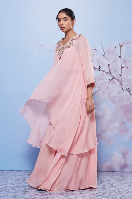 Ajiesh Oberoi Pink Chiffon, Cotton, Lycra Embroidery V-neck Asymmetric Floral Kurta Set Online at Aza Fashions Ajiesh Oberoi_Pink Chiffon, Cotton, Lycra Embroidery V-neck Asymmetric Floral Kurta Set _Online_at_Aza_Fashions
